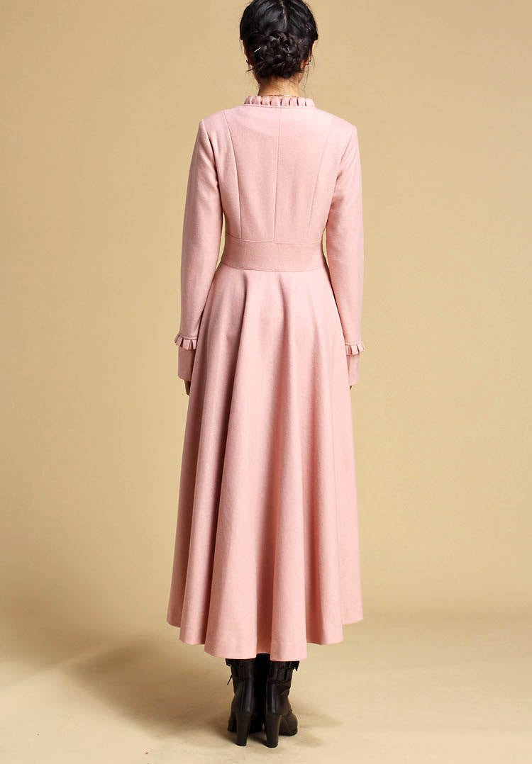 Pink Wool Maxi Coat – Vintage Fit and Flare Winter Overcoat for Weddings & Parties 0329