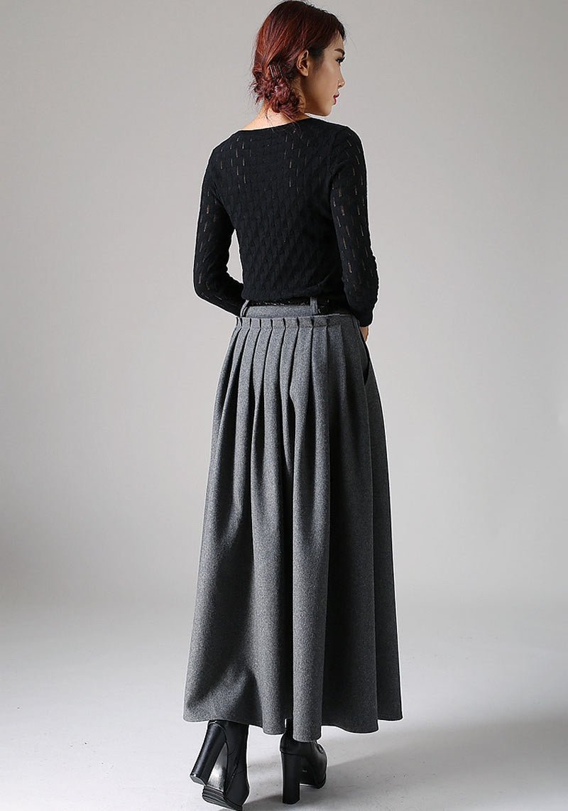 Handmade Dark Gray Pleated Wool Maxi Skirt – Warm A-Line Swing Skirt 1094