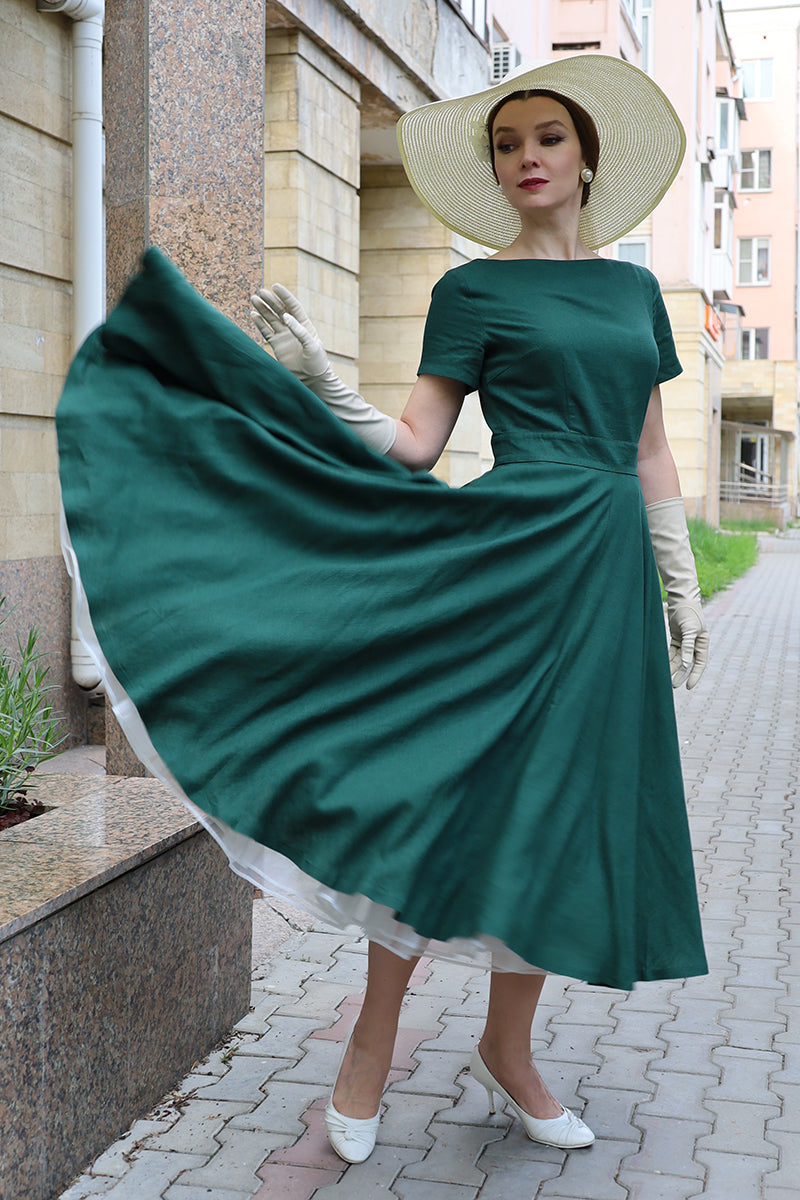 emerald green swing dress Unique Vintage Emerald Cotton Jaquard Swing Dress