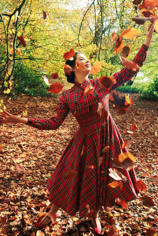 Vintage inspired Long sleeves wool Plaid dress 2495