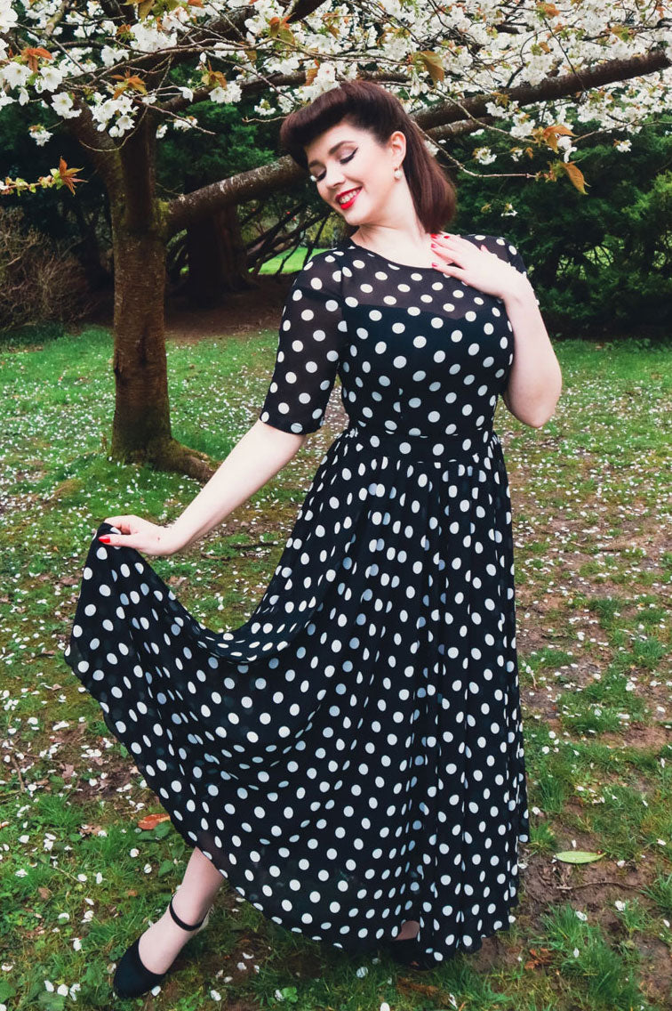Black Polka Dot Chiffon Swing Dress | Illusion Neckline Xiaolizi Black Polka Dot Chiffon Swing Dress | Illusion Neckline Xiaolizi