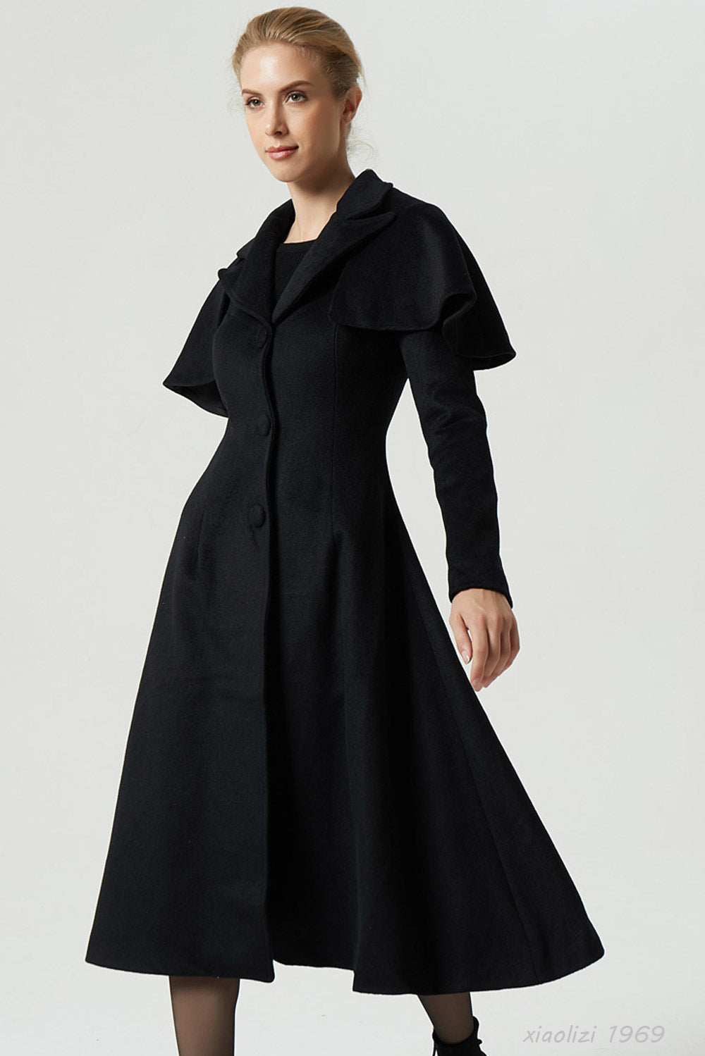 Maxi Black Wool Coat With Capelet For Women 1969# – XiaoLizi