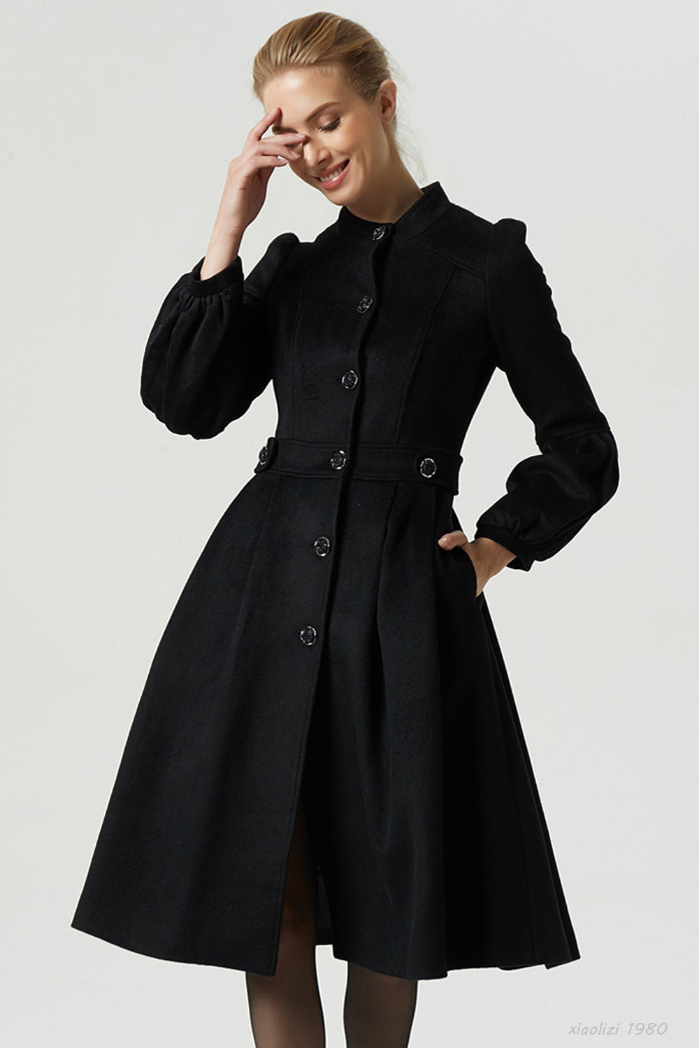 womens black fit and flare dress coat 1980#