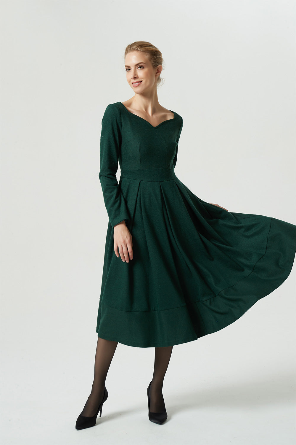 Green midi winter wool dress women 1993 Xiaolizi Green midi winter wool dress women 1993 Xiaolizi