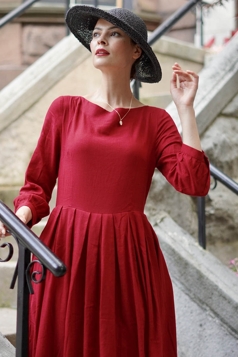 Womens A Line Red Maxi Linen Dress 3742