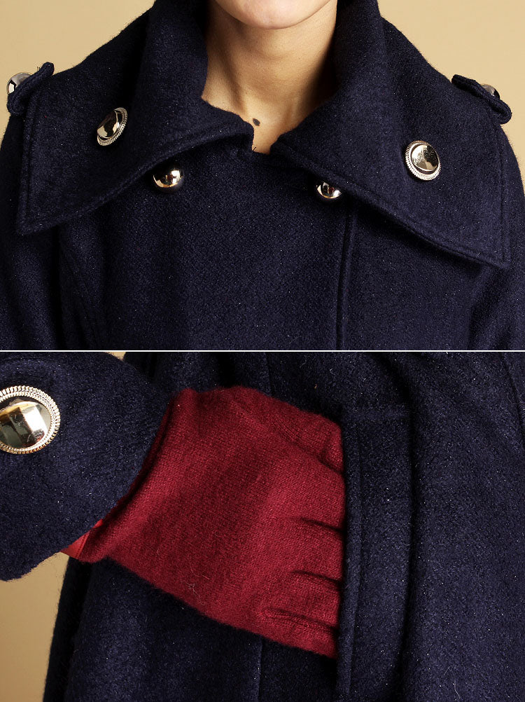 Classic Wool Maxi Coat – Dark Navy with Military Details – 0475