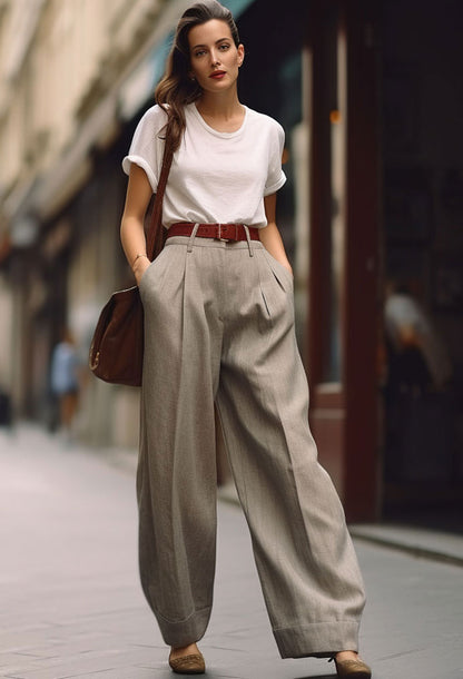 Brown Linen Wide Leg Pants – Handmade Long Relaxed Fit Trousers | Xiaolizi  4965