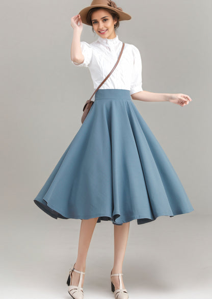 Vintage Blue Linen Skirt – High-Waisted Full Circle Midi – 3275