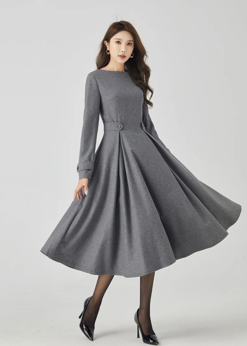 Gray Wool Dress – Handmade Fit & Flare Winter Midi | Xiaolizi 4525 Gray Wool Dress – Handmade Fit & Flare Winter Midi | Xiaolizi 4525