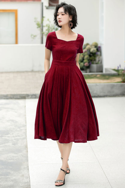 Emerald Green Linen Cotton Midi Dress - A-Line Silhouette 6051