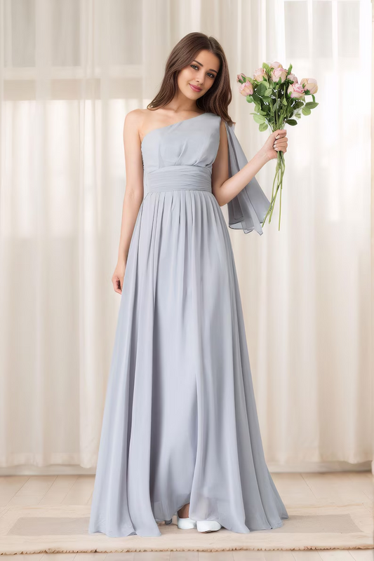 Gray Chiffon Maxi Dress - One Shoulder A-Line Evening Gown 1912