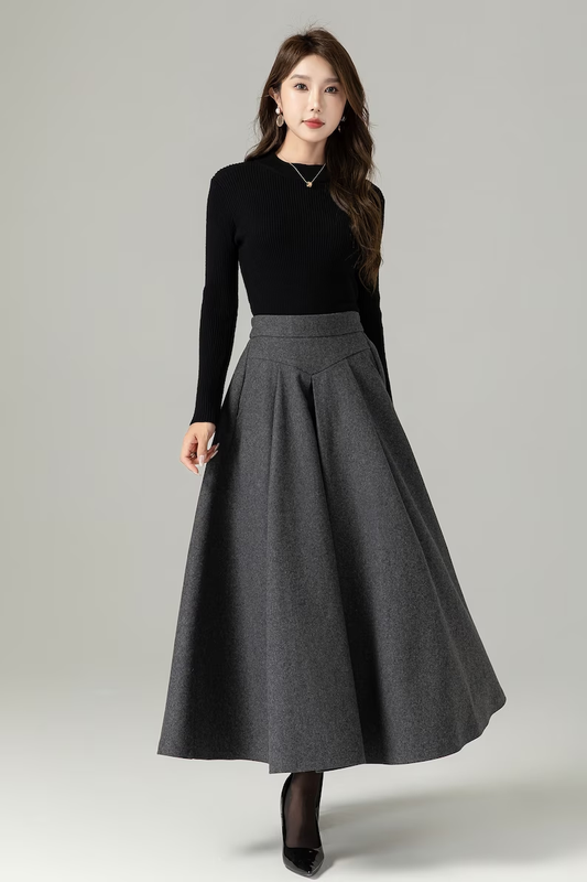 Gray Wool Skirt, A Line Maxi Skirt 4497