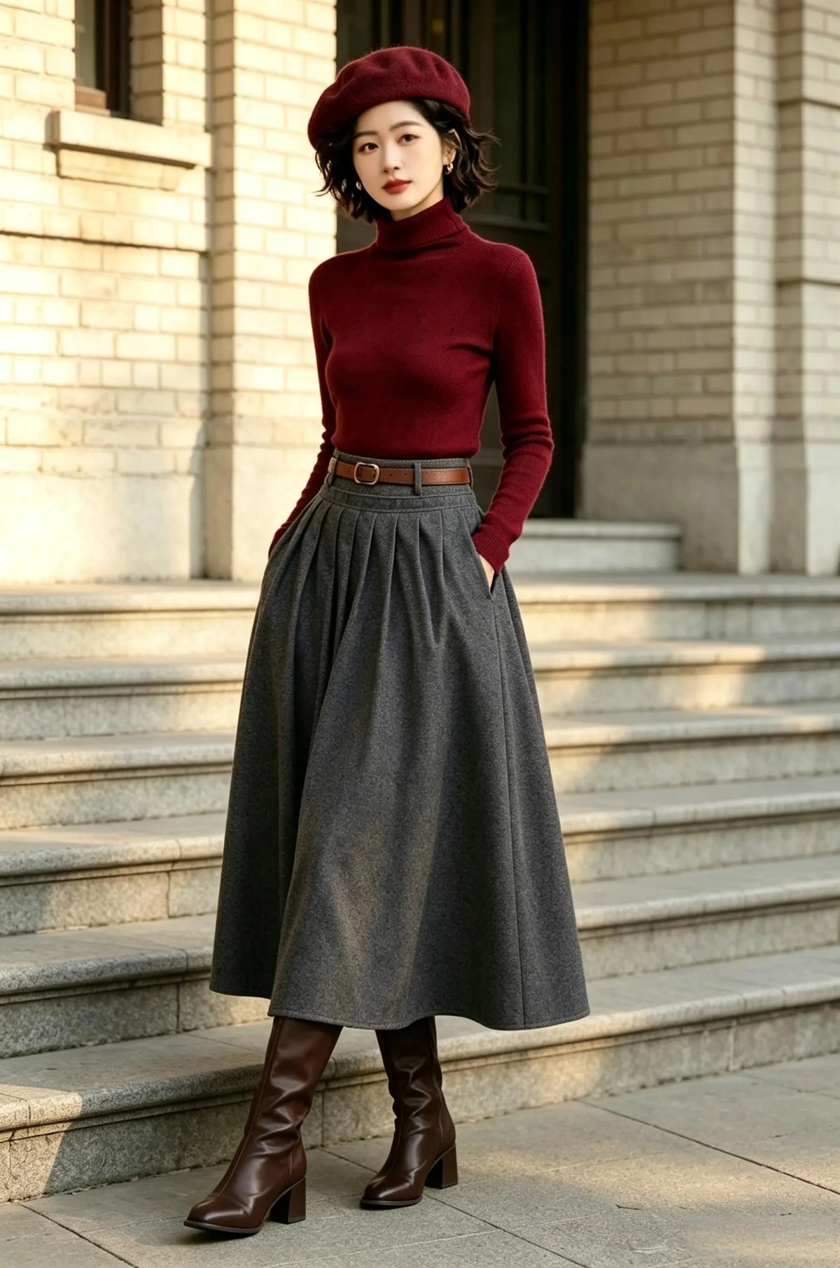 Gray Wool Blend A-Line Mid-Calf Skirt High Waist Side Pockets 6911