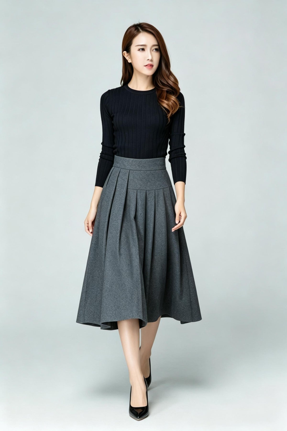 Gray Wool Blend Mid-Calf A-Line Skirt High Waist Minimalist 6926
