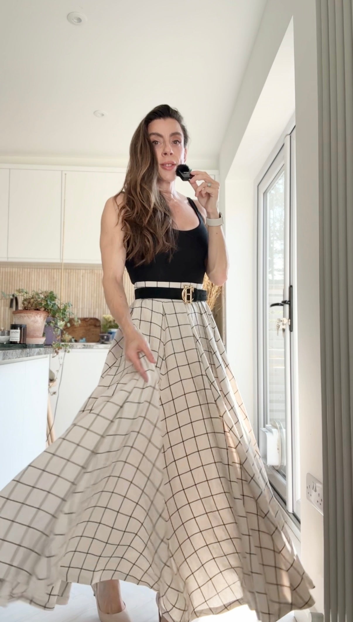 Plaid Linen Maxi Circle Skirt - Pleated A-Line | Xiaolizi 6899