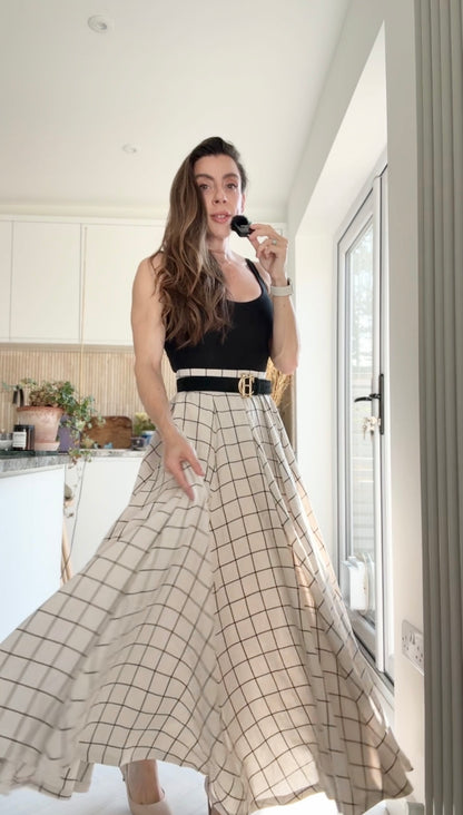 Plaid Linen Maxi Circle Skirt - Pleated A-Line | Xiaolizi 6899