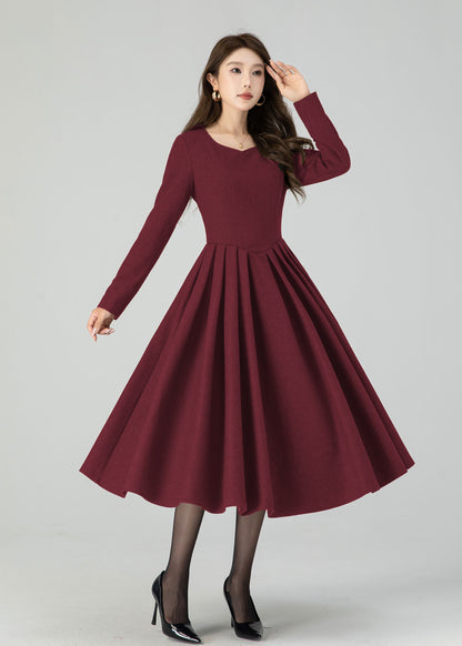 Winter Wool Midi Dress – Women’s Fit and Flare Long Sleeve 5501