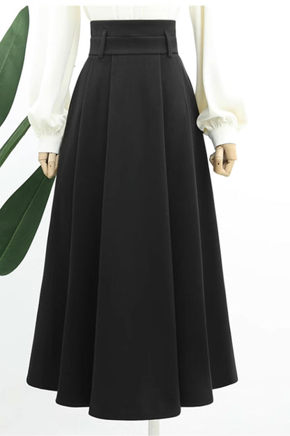 Rust Wool A-Line Skirt - Wide Waistband, Pleated Detail 4765