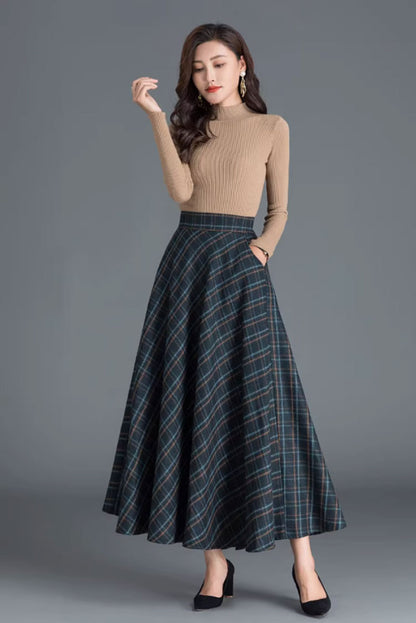 Plaid Wool Maxi Skirt - Vintage A-Line Silhouette 4674-1