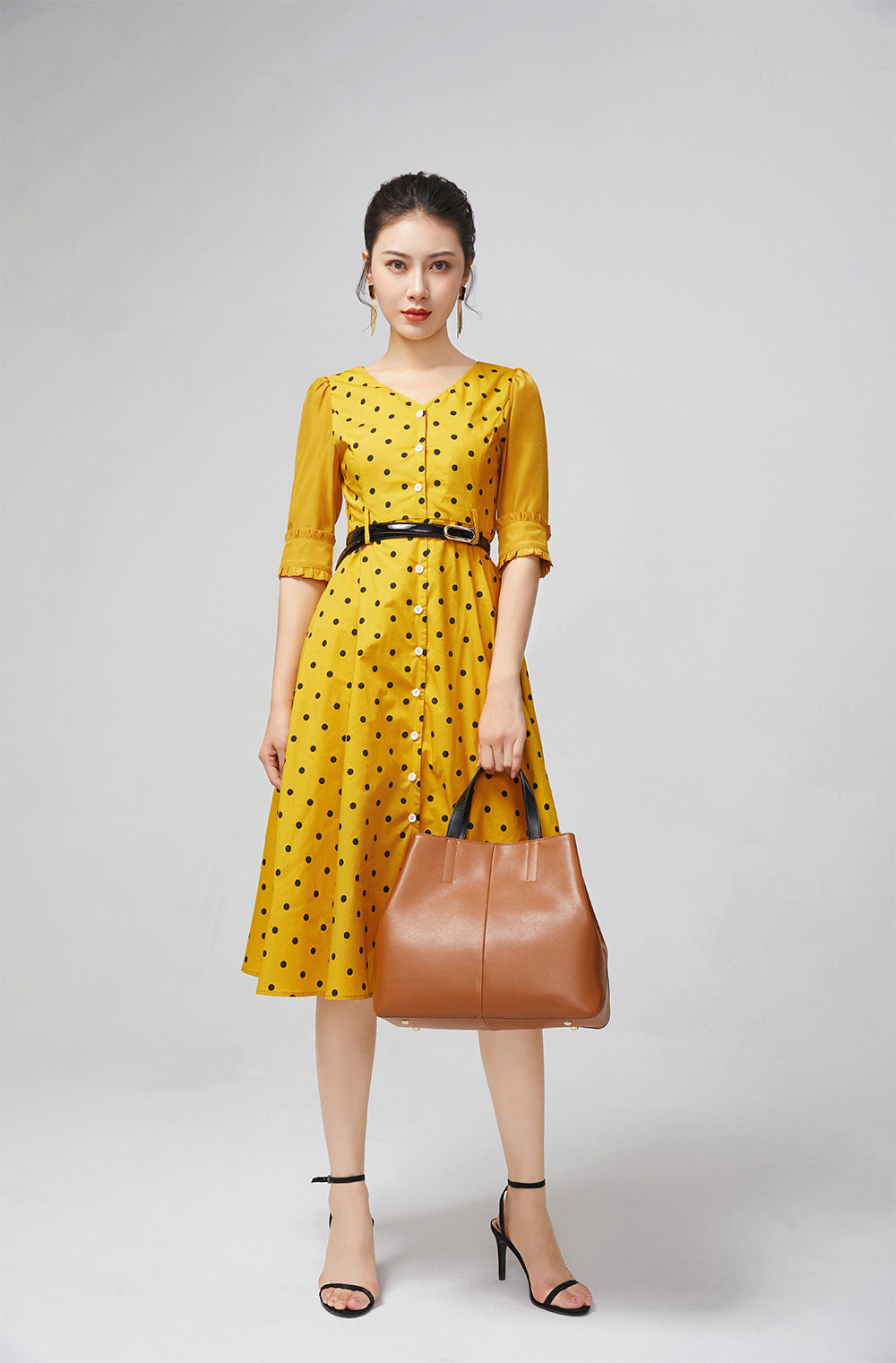 Vintage-Inspired Yellow Polka Dot Dress for Women 2217