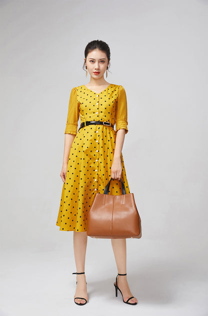 Vintage-Inspired Yellow Polka Dot Dress for Women 2217