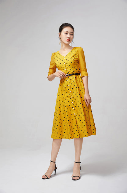 Vintage-Inspired Yellow Polka Dot Dress for Women 2217