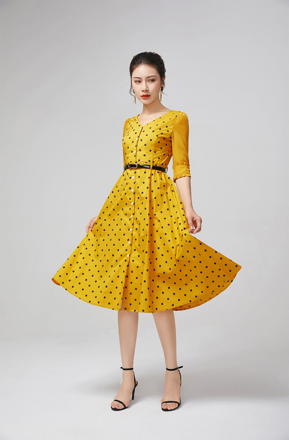 Vintage-Inspired Yellow Polka Dot Dress for Women 2217