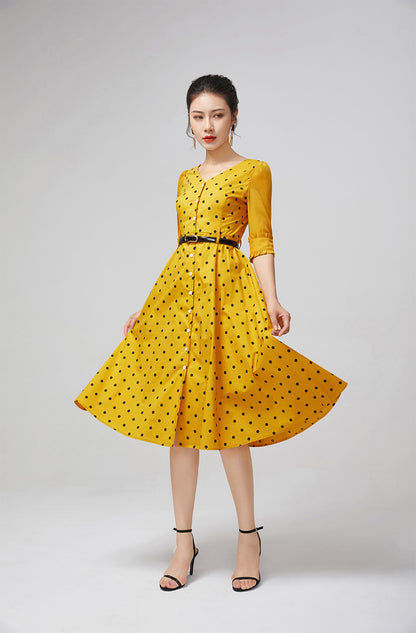 Vintage-Inspired Yellow Polka Dot Dress for Women 2217