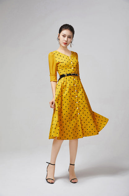 Vintage-Inspired Yellow Polka Dot Dress for Women 2217