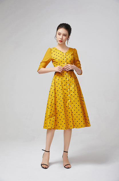 Vintage-Inspired Yellow Polka Dot Dress for Women 2217