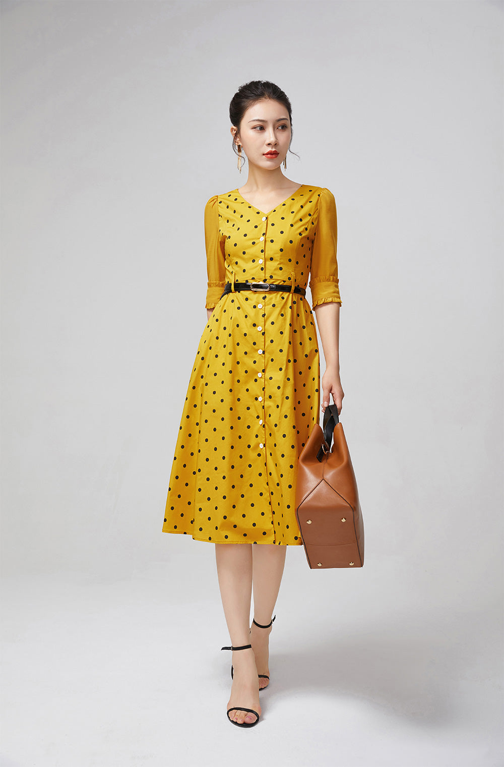 Vintage-Inspired Yellow Polka Dot Dress for Women 2217