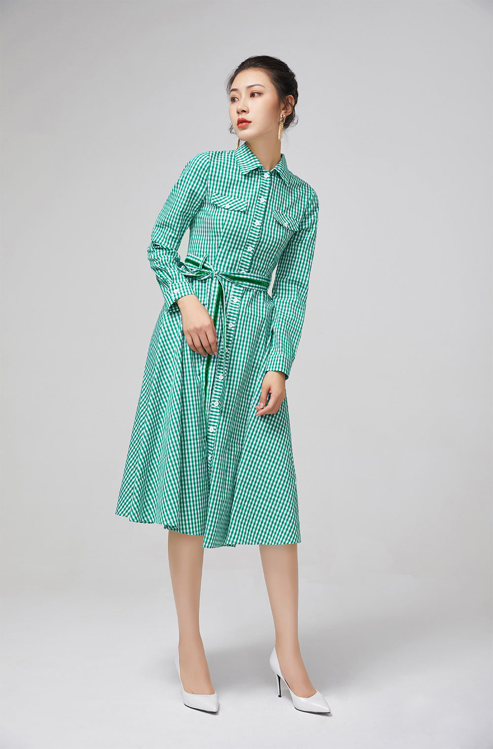 Vintage-Inspired Green Plaid Shirt Dress with Belt 2222