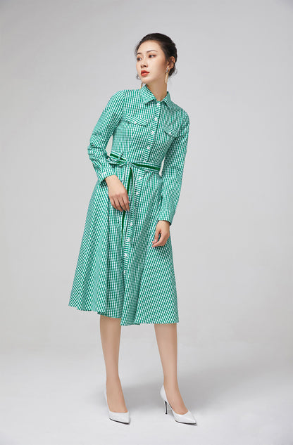 Vintage-Inspired Green Plaid Shirt Dress with Belt 2222