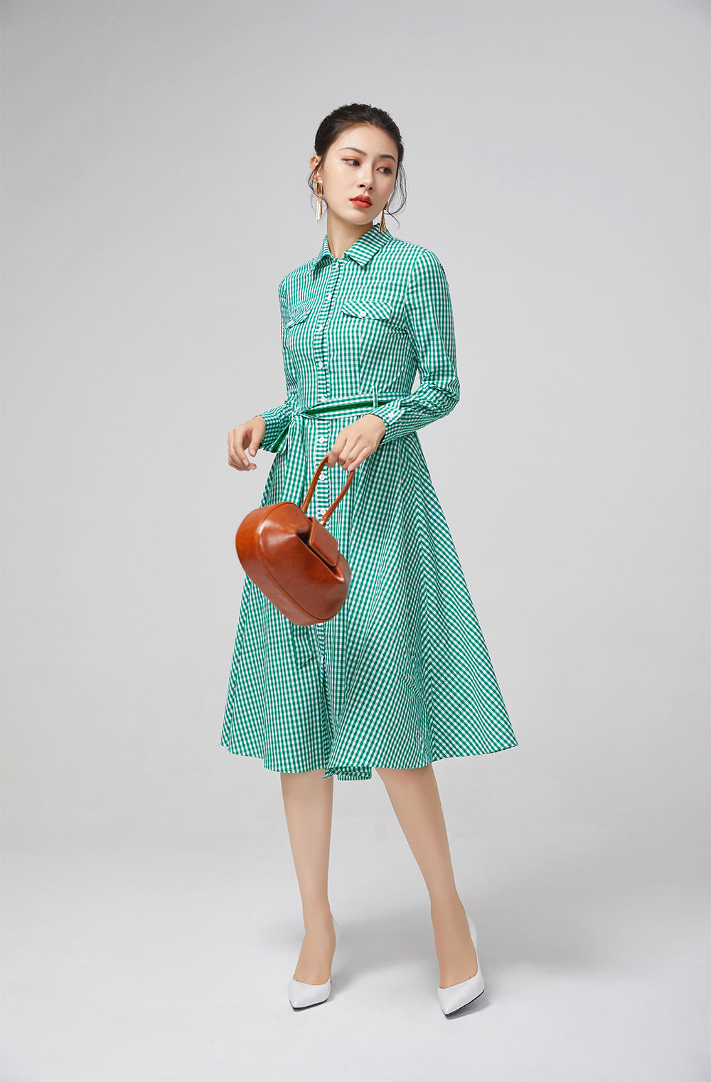 Vintage-Inspired Green Plaid Shirt Dress with Belt 2222