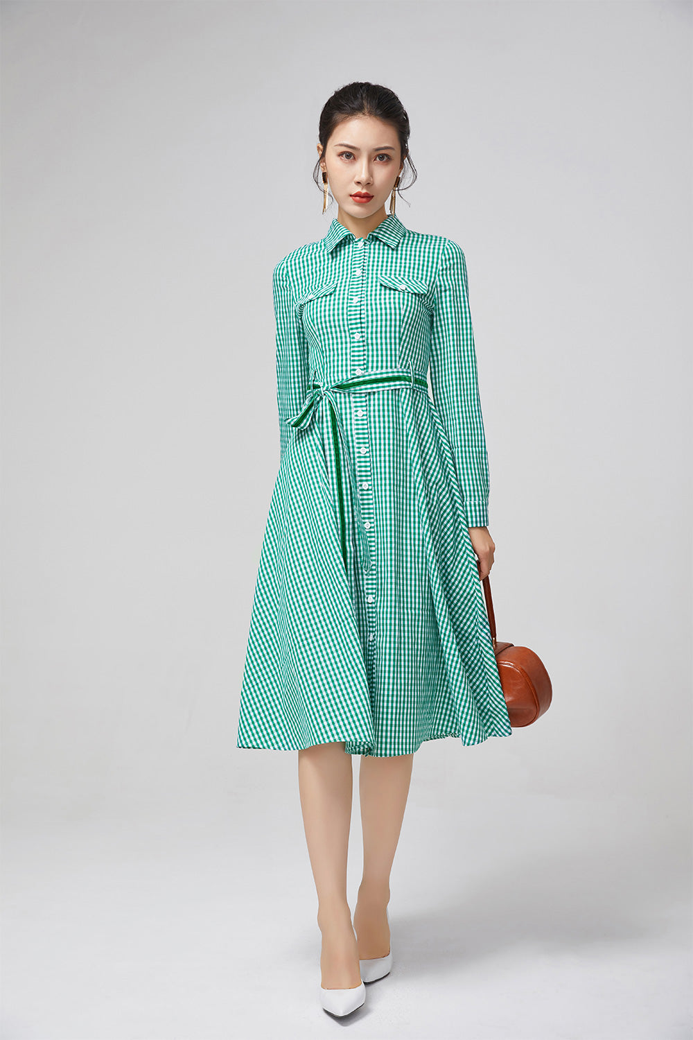 Vintage-Inspired Green Plaid Shirt Dress with Belt 2222