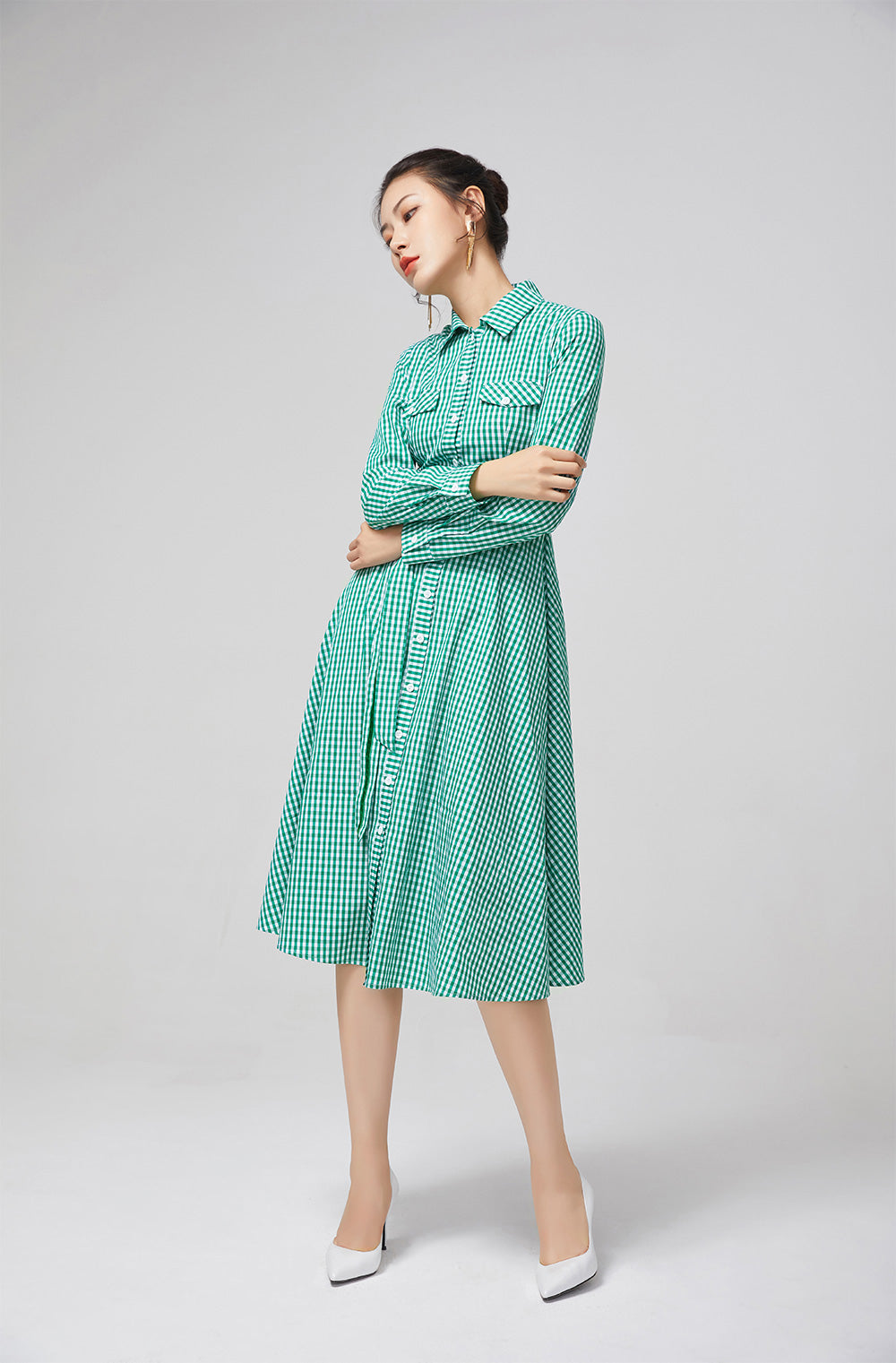 Vintage-Inspired Green Plaid Shirt Dress with Belt 2222