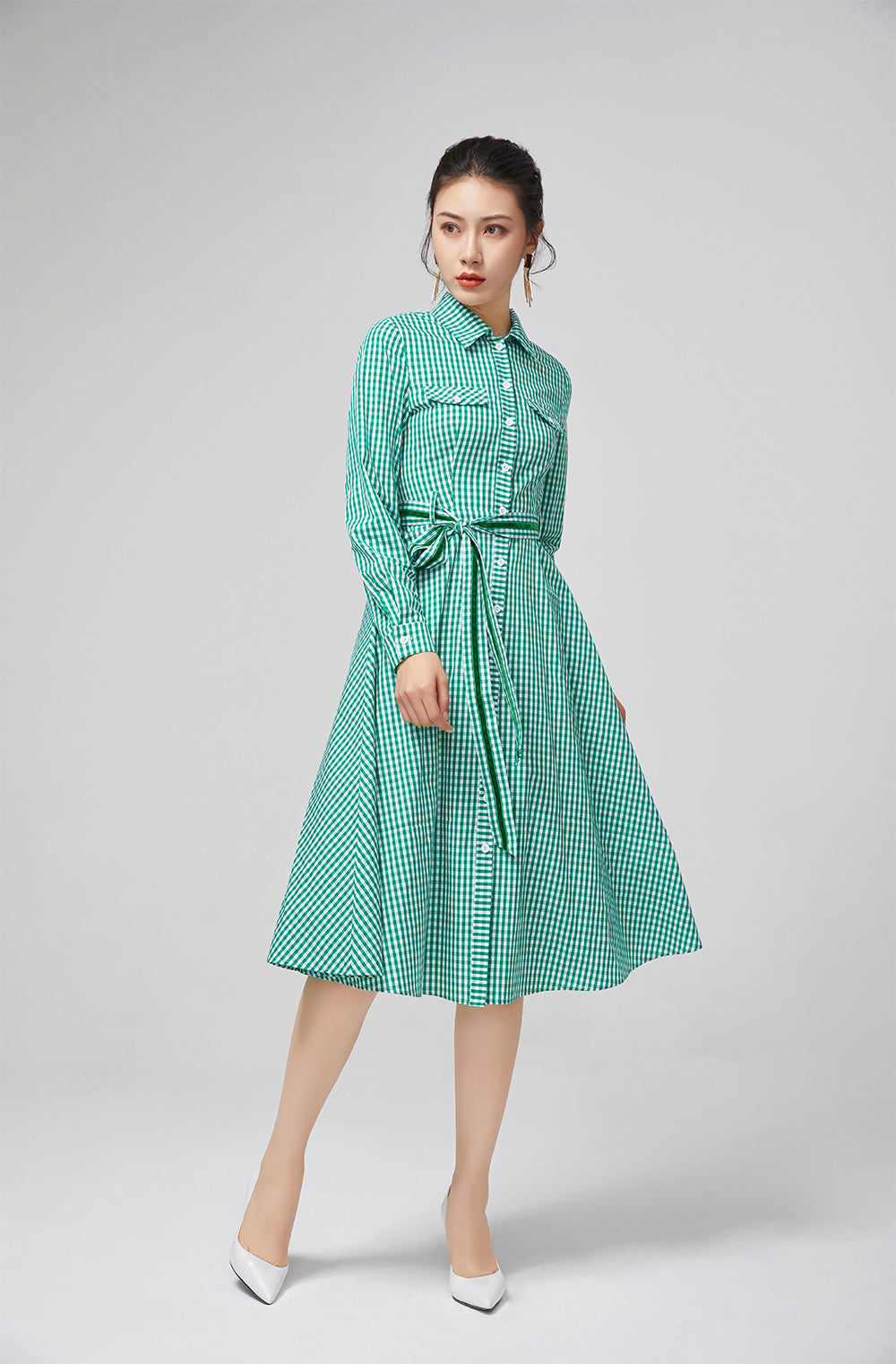 Vintage-Inspired Green Plaid Shirt Dress with Belt 2222