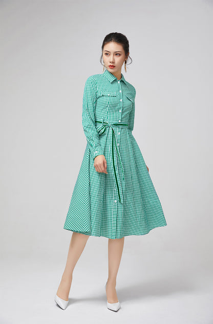 Vintage-Inspired Green Plaid Shirt Dress with Belt 2222