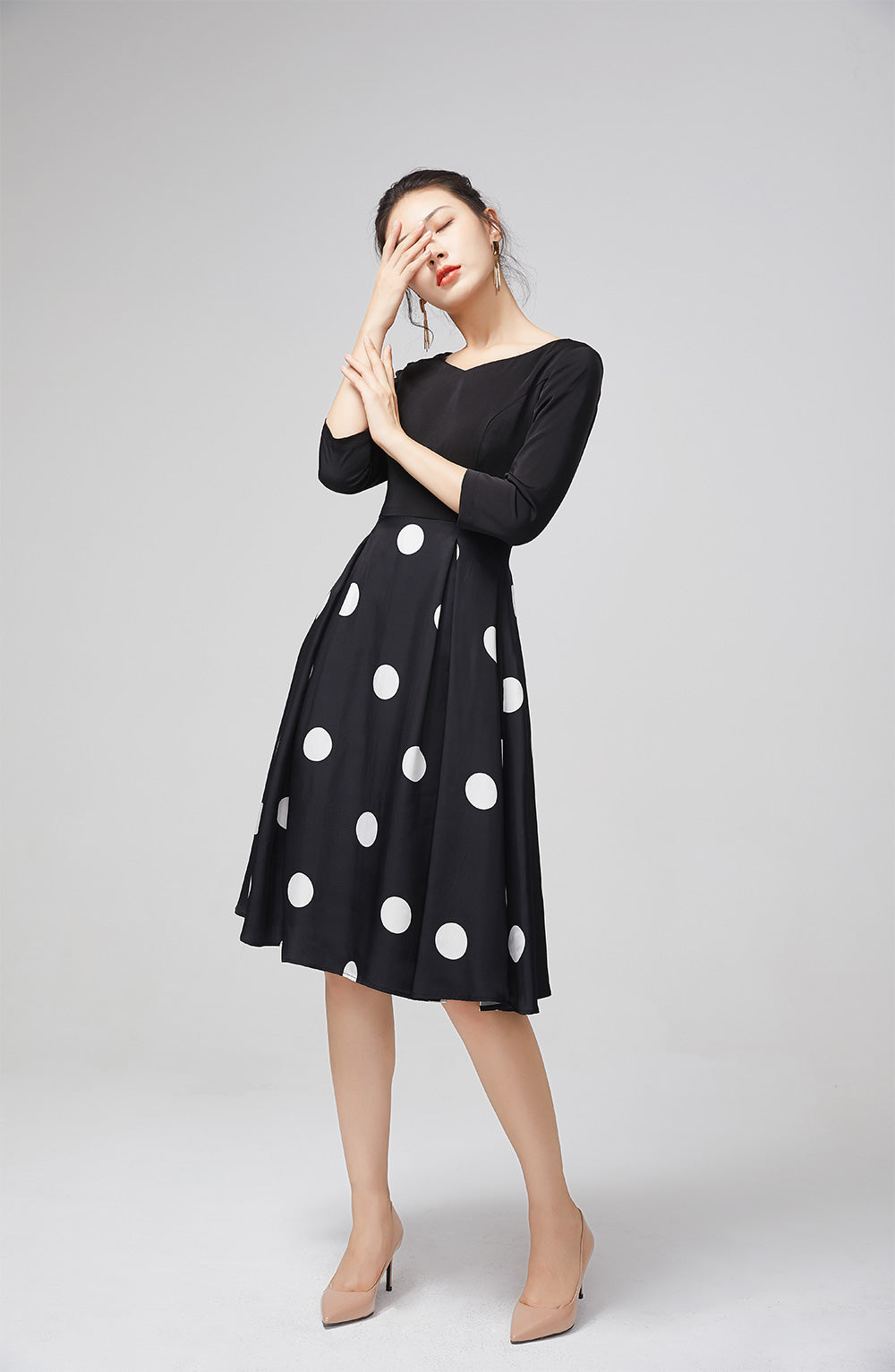 Elegant Black Chiffon Dress with Polka Dot Skirt 2214