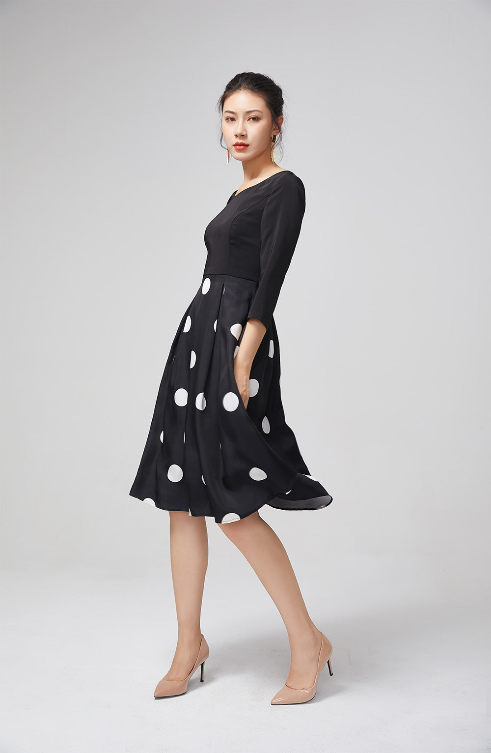 Elegant Black Chiffon Dress with Polka Dot Skirt 2214