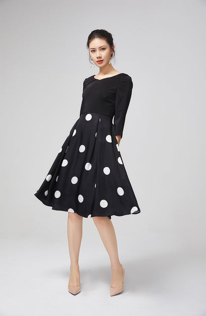 Elegant Black Chiffon Dress with Polka Dot Skirt 2214