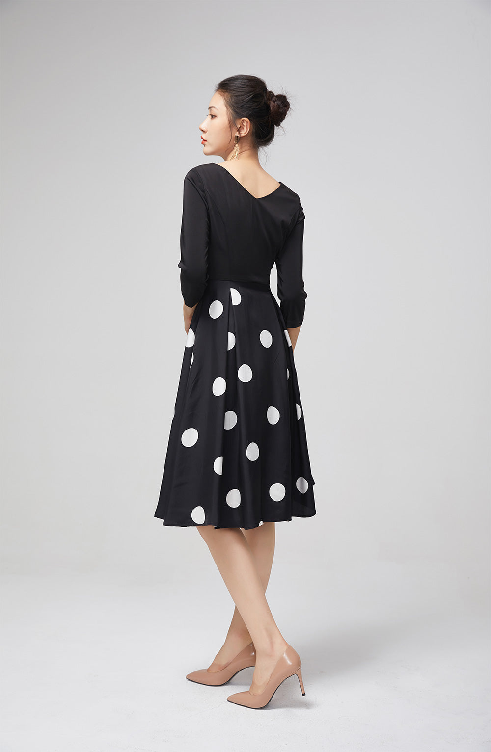 Elegant Black Chiffon Dress with Polka Dot Skirt 2214