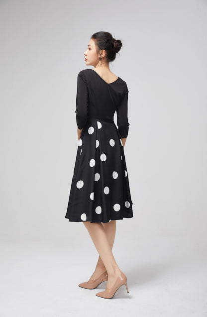 Elegant Black Chiffon Dress with Polka Dot Skirt 2214