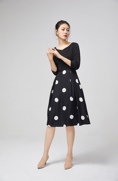 Elegant Black Chiffon Dress with Polka Dot Skirt 2214