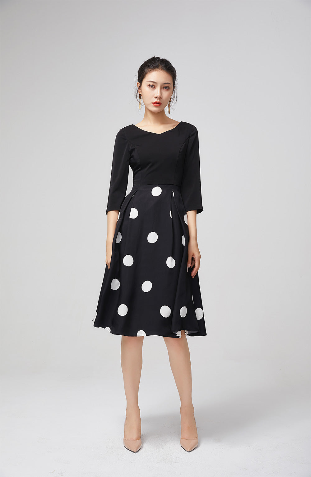 Elegant Black Chiffon Dress with Polka Dot Skirt 2214