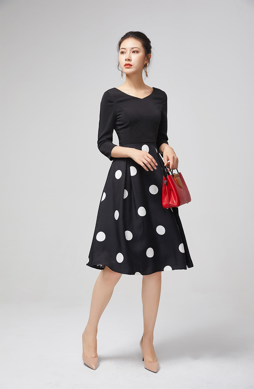 Elegant Black Chiffon Dress with Polka Dot Skirt 2214
