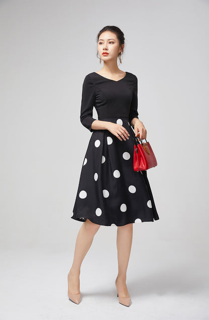 Elegant Black Chiffon Dress with Polka Dot Skirt 2214
