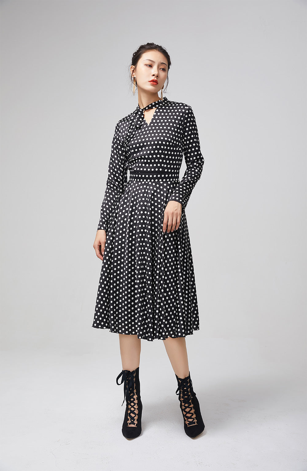 Black Polka Dot Chiffon Midi Dress for Women 2215