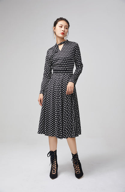 Black Polka Dot Chiffon Midi Dress for Women 2215