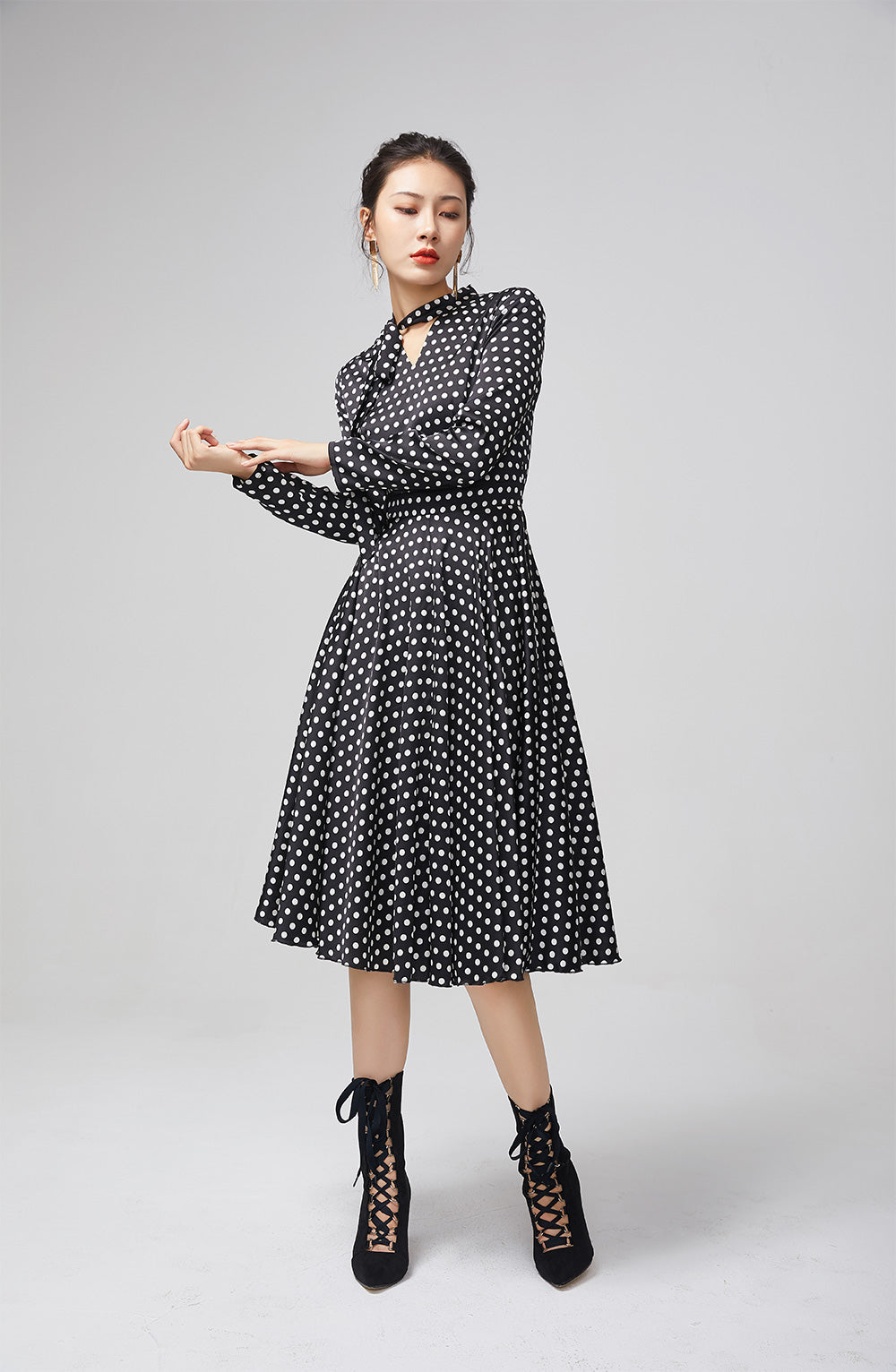 Black Polka Dot Chiffon Midi Dress for Women 2215